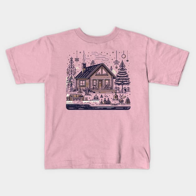 a warm and inviting cabin surrounded by a snowy landscape includes elements like a crackling fireplace, decorated Christmas tree, and perhaps a family or group of friends enjoying the holiday season inside. Kids T-Shirt by maricetak